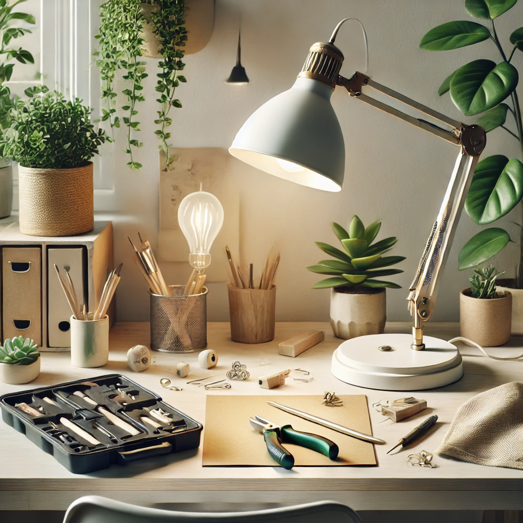 DALLE_2025-03-25_13_54_17_-_A_neatly_organized_office_desk_with_eco-friendly_elements__On_the_desk__a_broken_lamp_is_being_repaired_with_a_toolkit_laid_out__Natural_lighting__gre.webp
